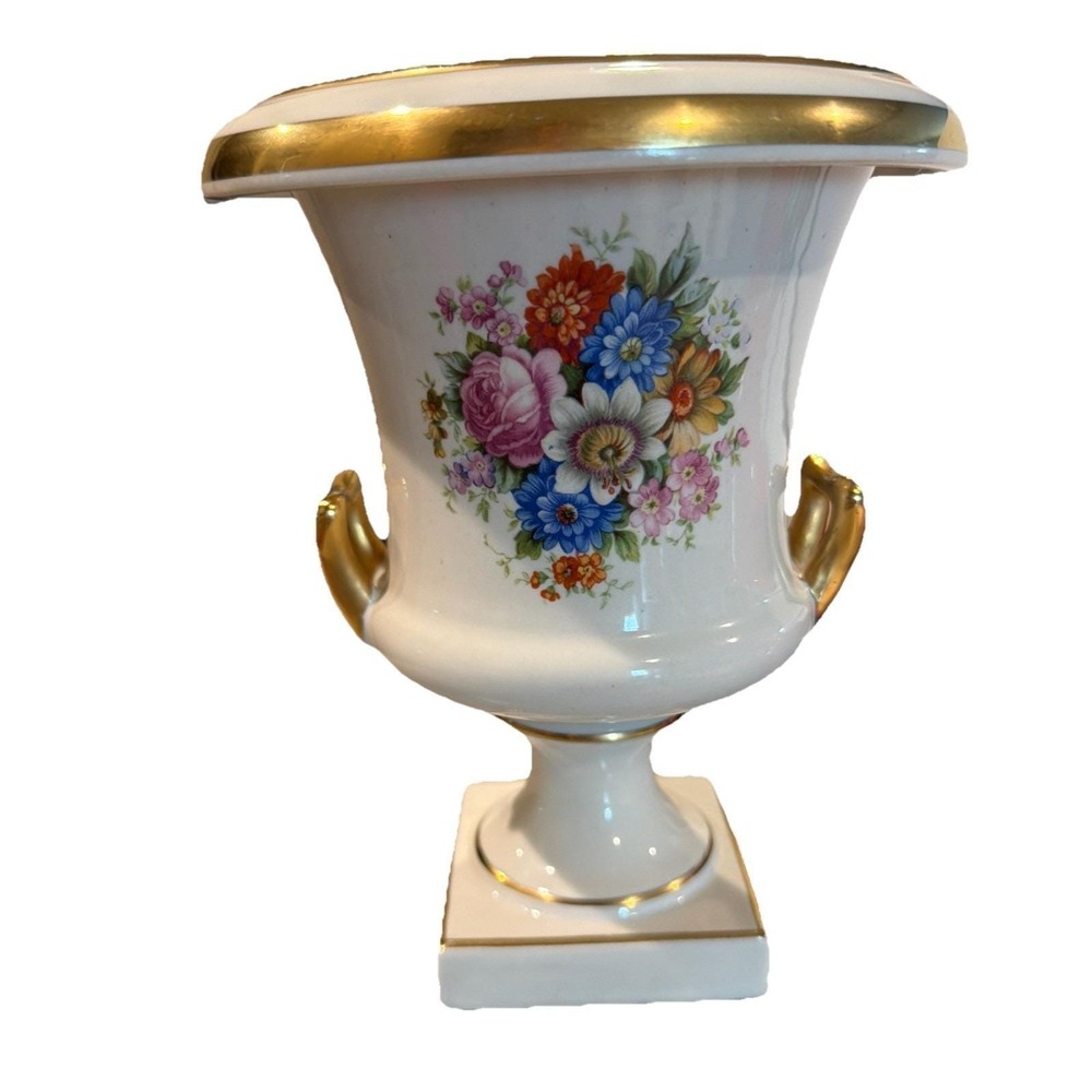 Trenton Pottery Neoclassical Cachepot Floral Urn 8.25" Gold Plated Handles Trim